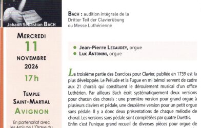 CONCERT JS BACH MESSE LUTHERIENNE POUR ORGUE LE 11 NOVEMBRE 2026 A 17H